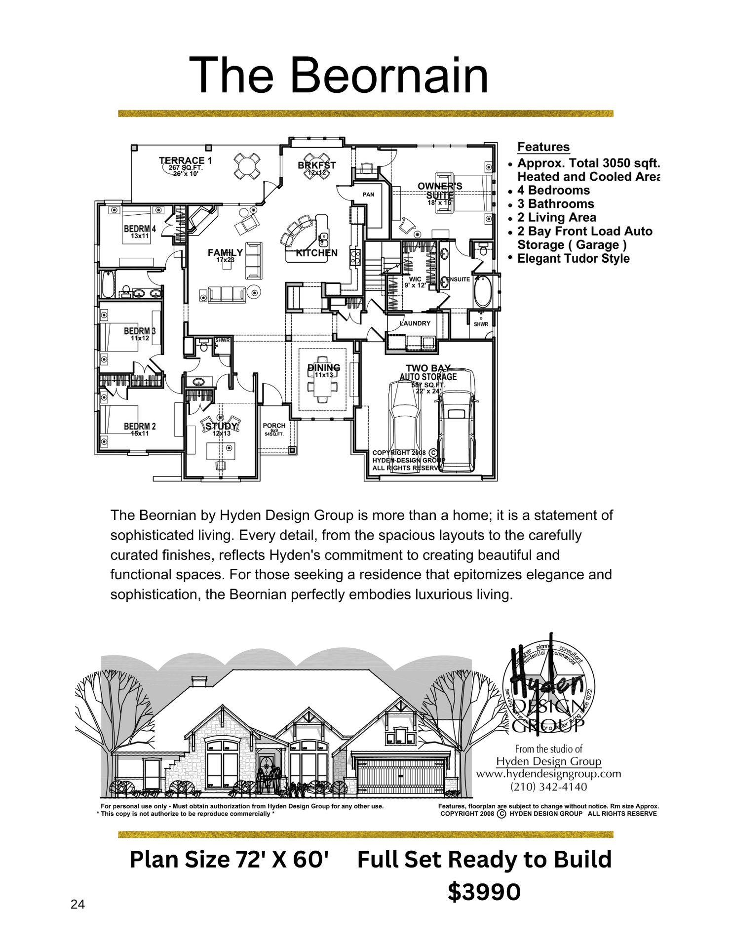 Floor plan and front elevation of The Beornian by Hyden Design Group, a 4-bedroom, 3-bath Tudor-style home with 2 living areas, 2-car garage, and 3,050 sq. ft. of heated and cooled space.