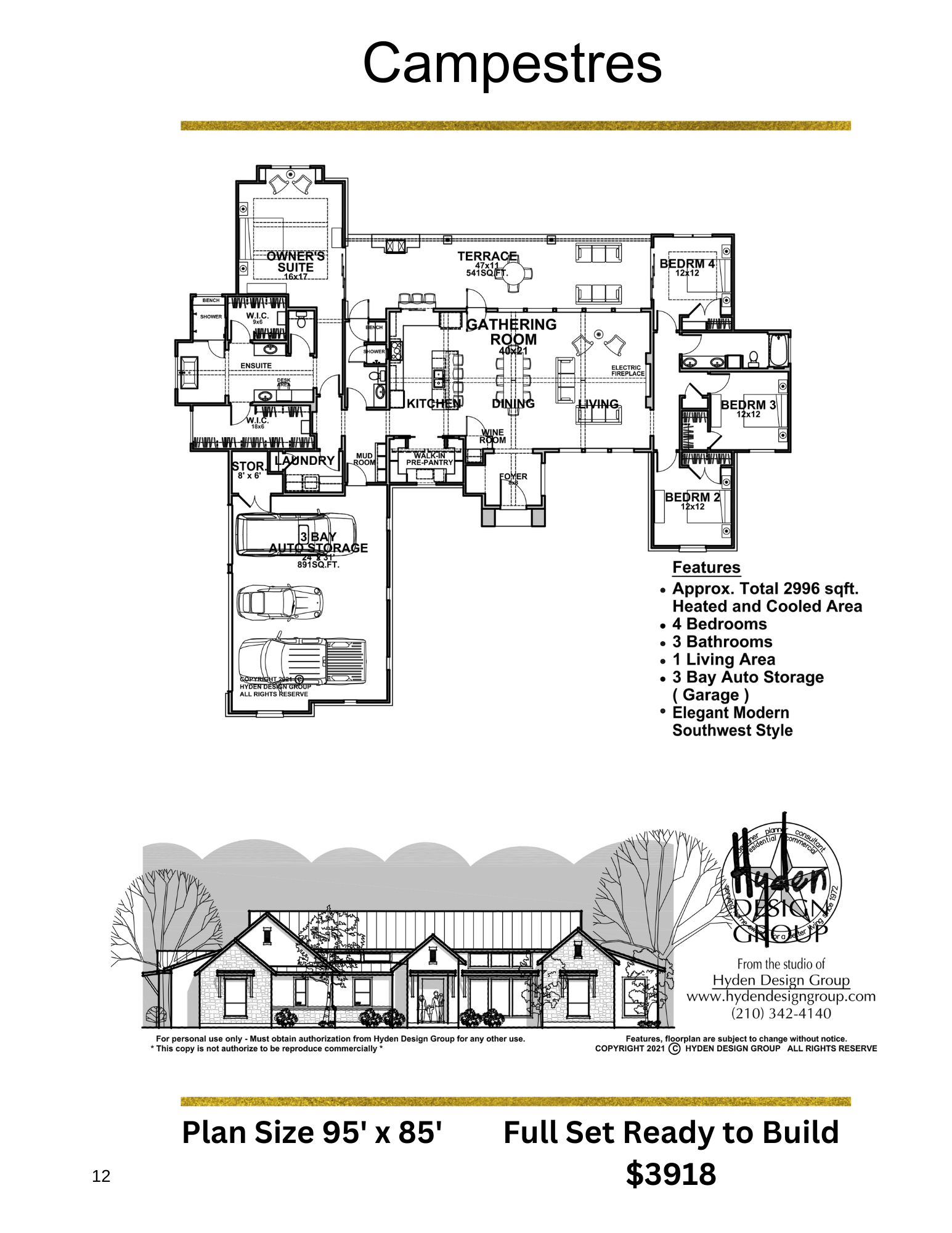 Floor plan and front elevation of the Campestres by Hyden Design Group, a 2,996 sq ft modern Southwest home with 4 bedrooms, 3 baths, 1 living area, and 3-car garage.
