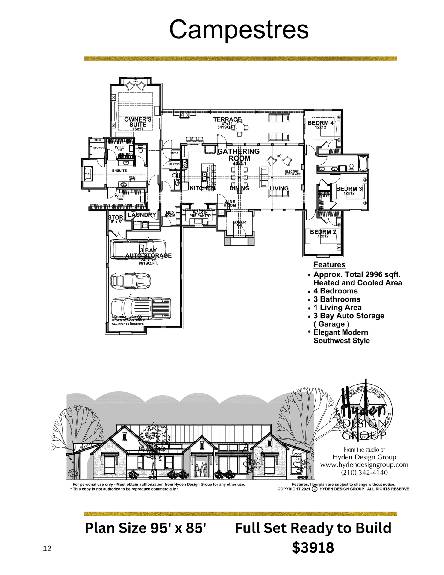 Floor plan and front elevation of the Campestres by Hyden Design Group, a 2,996 sq ft modern Southwest home with 4 bedrooms, 3 baths, 1 living area, and 3-car garage.