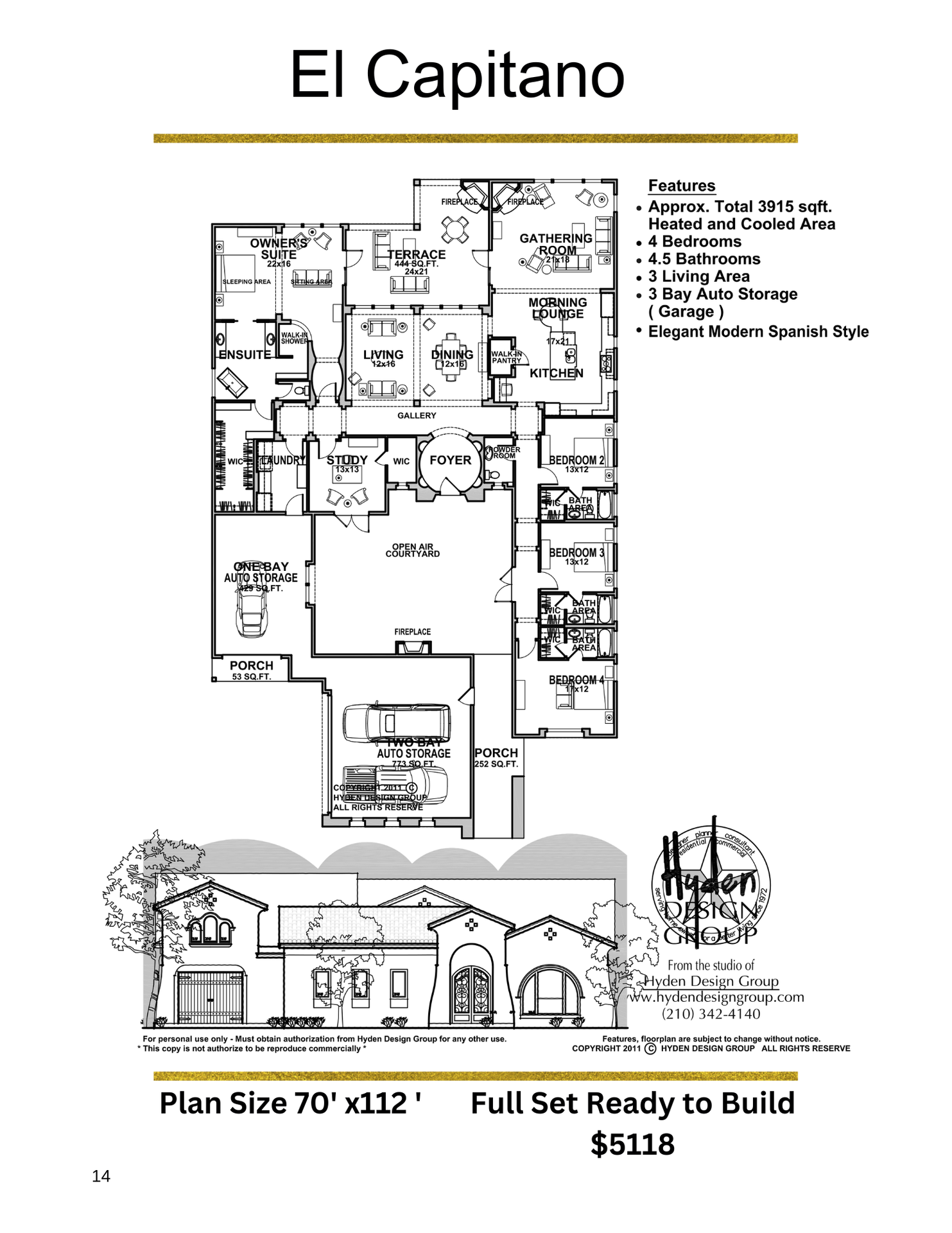 Floor plan and front elevation of the El Capitan by Hyden Design Group, a 3,915 sq ft modern Spanish home with 4 bedrooms, 4.5 baths, 3 living areas, and 3-car garage.
