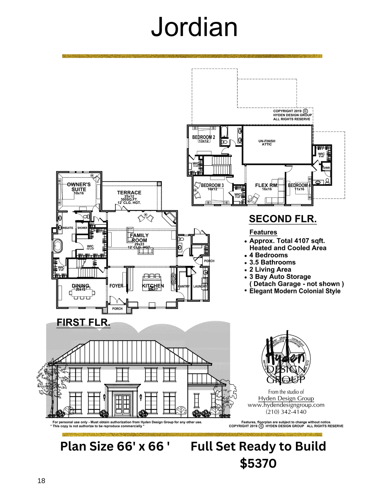Front exterior rendering of the Jordian modern colonial home with symmetrical two-story design, black metal roof, tall windows, central entry, and clean architectural lines.