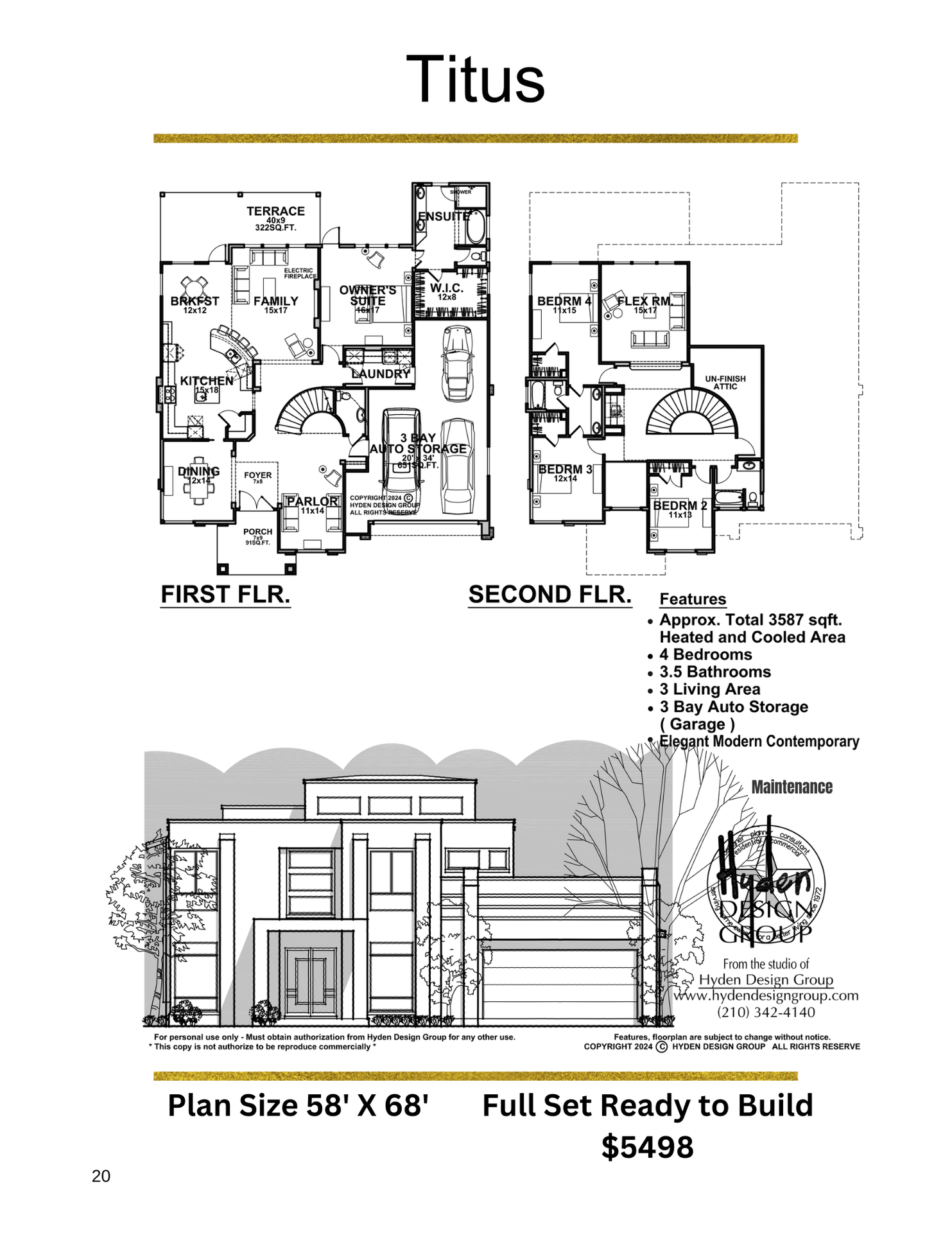 Floor plan and front elevation of the Titus by Hyden Design Group, a modern contemporary 3,587 sq. ft. home with 4 bedrooms, 3.5 bathrooms, 3 living areas, and a 3-car garage.