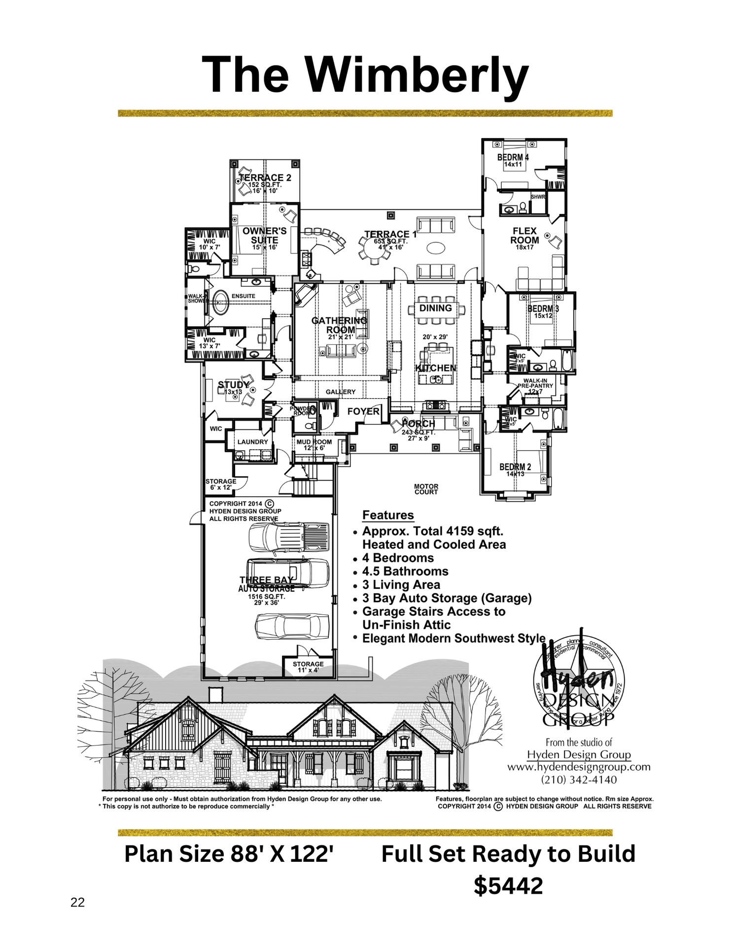 Floor plan and front elevation of the Campestres by Hyden Design Group, a 2,996 sq ft modern Southwest home with 4 bedrooms, 3 baths, 1 living area, and 3-car garage.