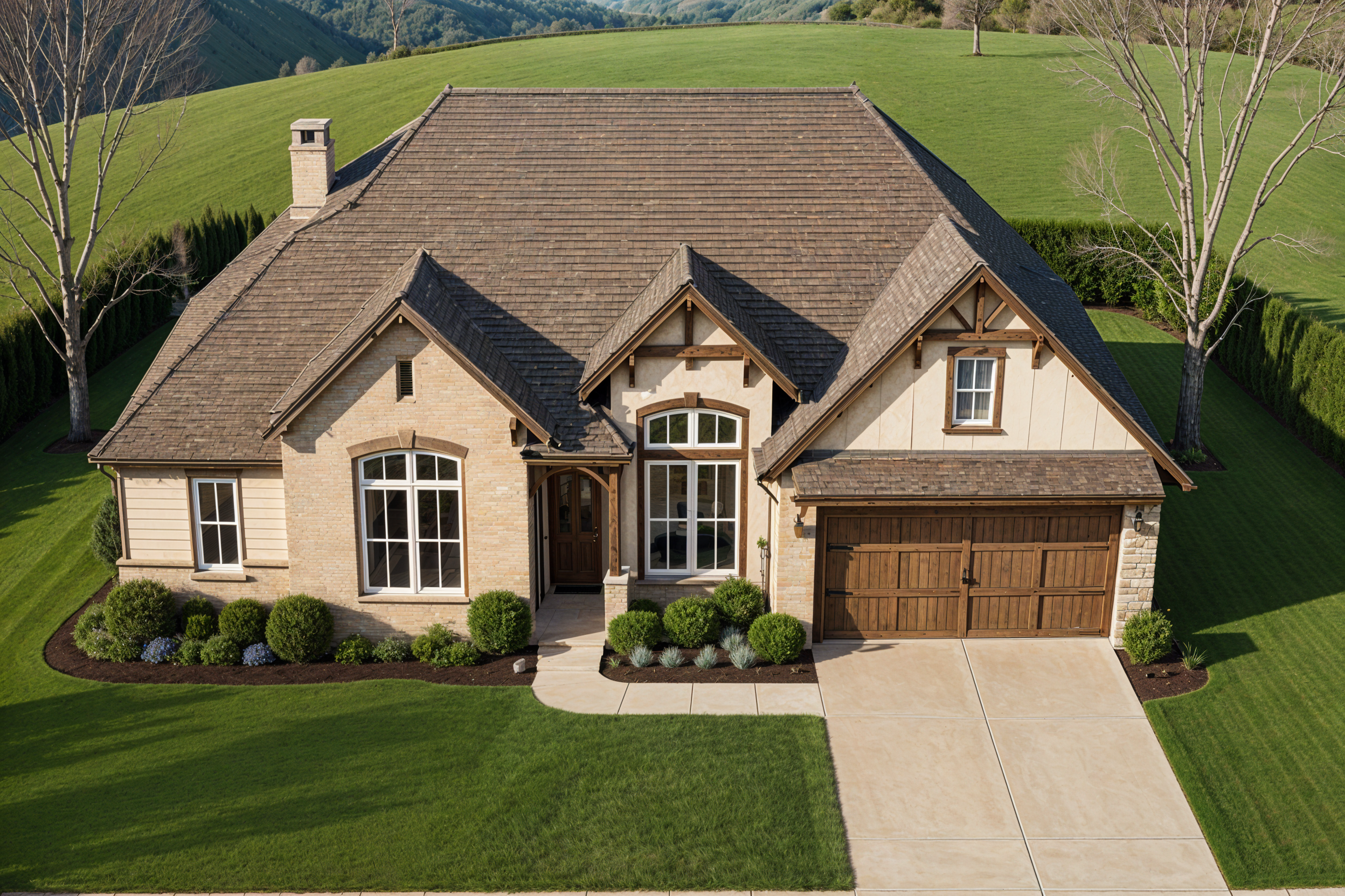 Front elevation drawing of a Craftsman-style ranch home with gabled rooflines, stone accents, large windows, and a front-facing two-car garage, framed by trees and landscaping.