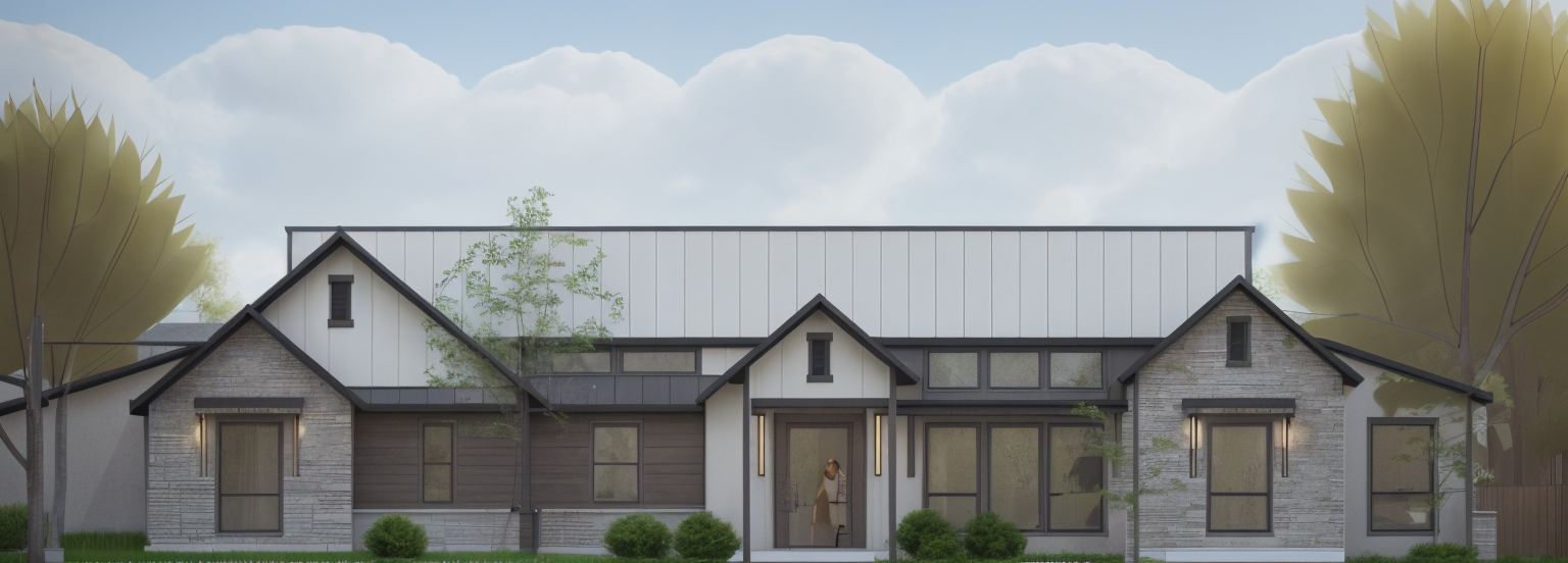 Front exterior rendering of the Campestres modern Southwest-style home with gabled rooflines, stone and siding accents, tall windows, and a covered entryway.