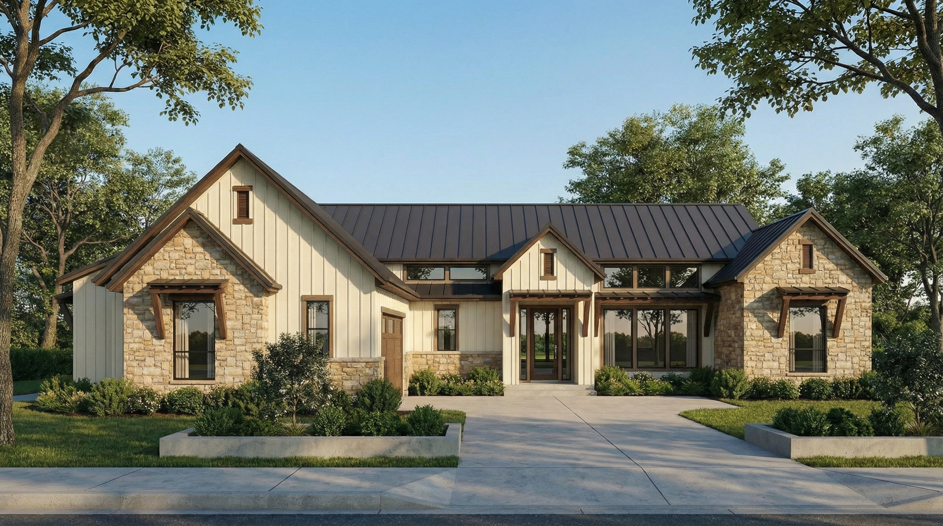 Modern Farmhouse with metal roof designed by Hyden Design Group.