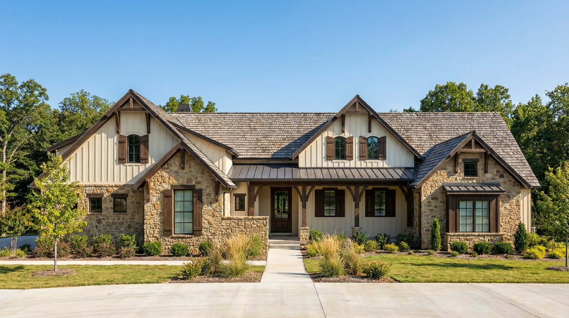 Modern Farmhouse with stone facade designed by Hyden Design Group