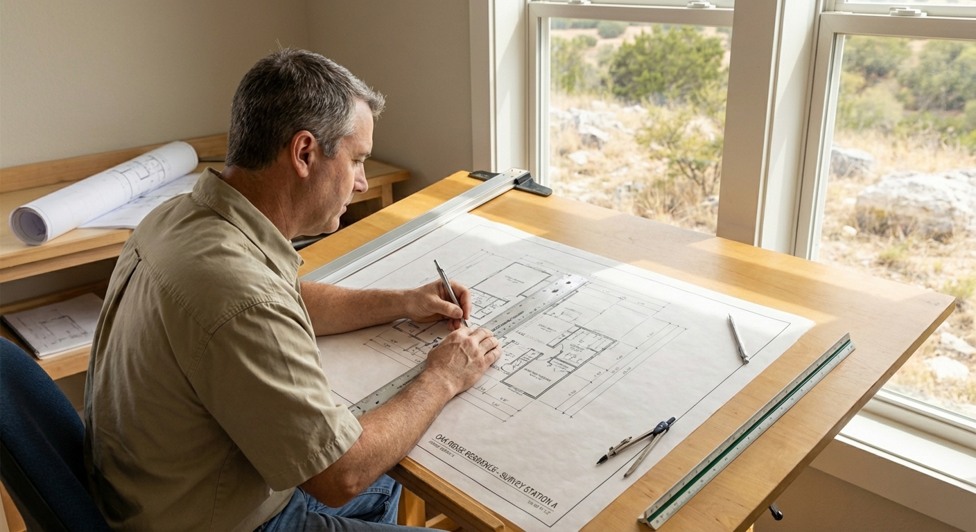 An architect drawing a set of floor plans.